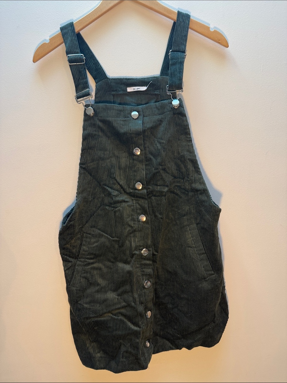 Francesca's Forest Green Corduroy Overall Mini Dress - Backwards Stap